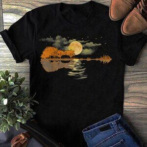 Moonlight Nature Soundwave Graphic T-Shirt – Forest & Lake Reflection Design